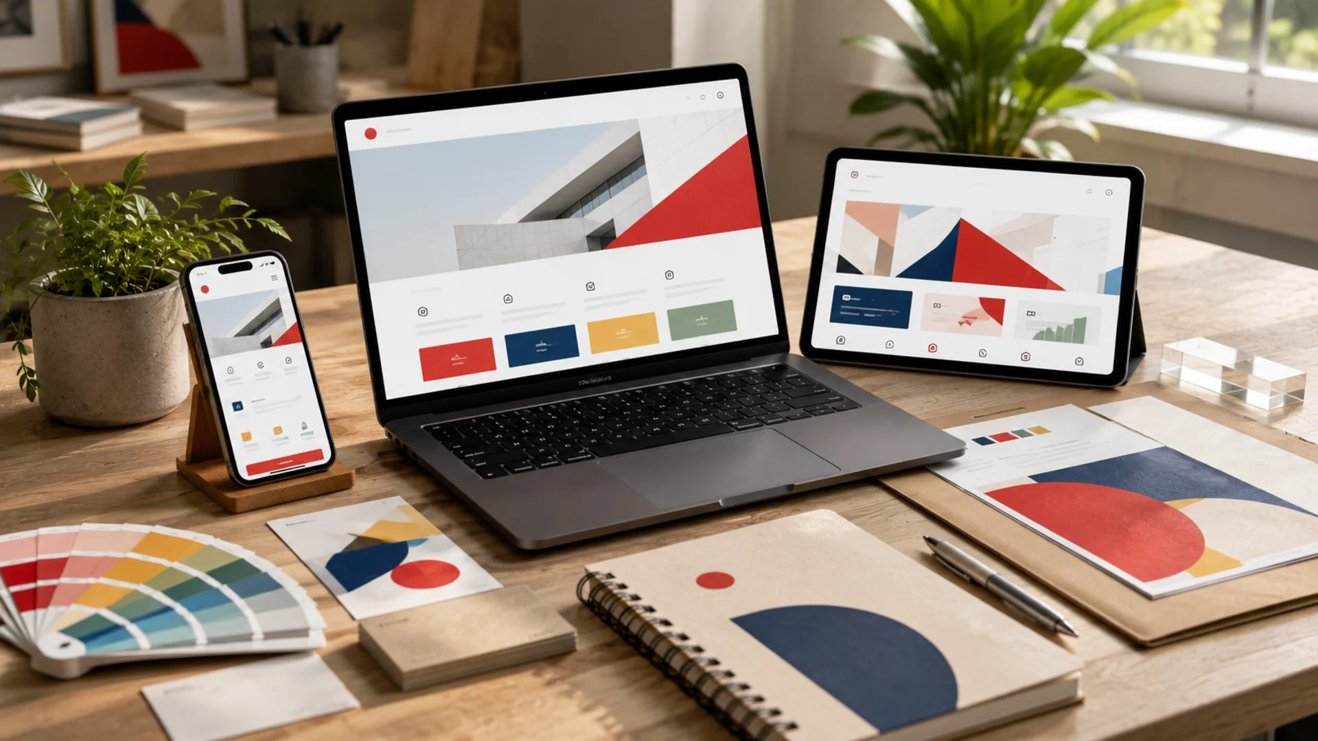 Sitio web corporativo mostrado en una computadora portátil dentro de un espacio de trabajo.